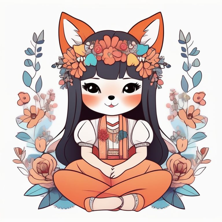 Q版女孩 · 彩色设计插画 · 一只花卉头饰的狐狸女孩