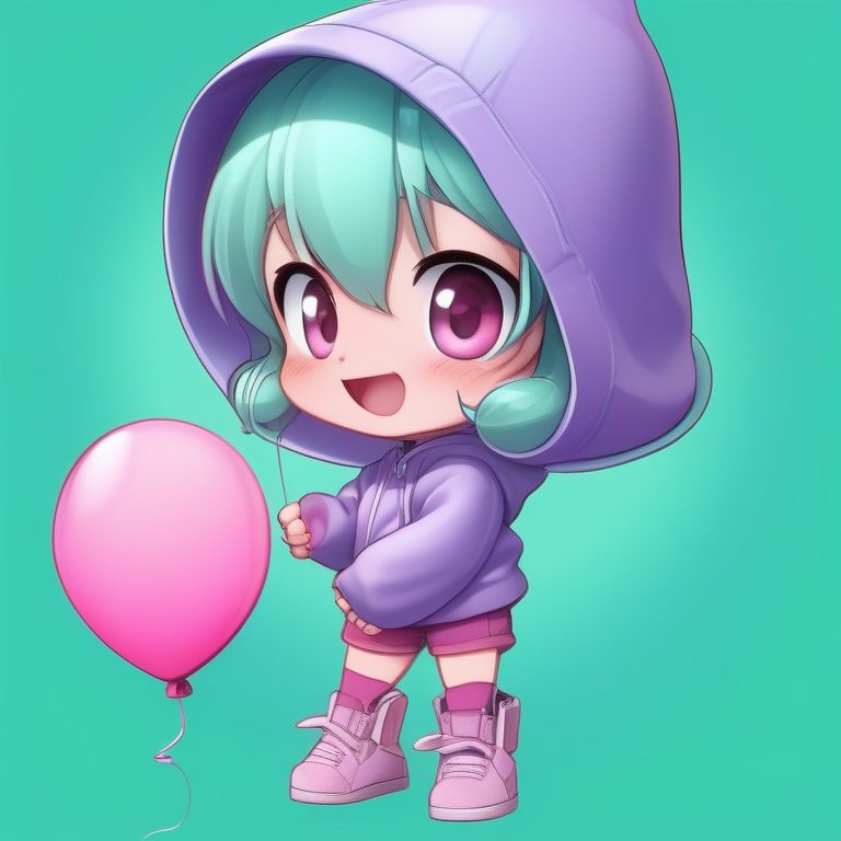 Q版女孩-蓝色短发抱气球微笑