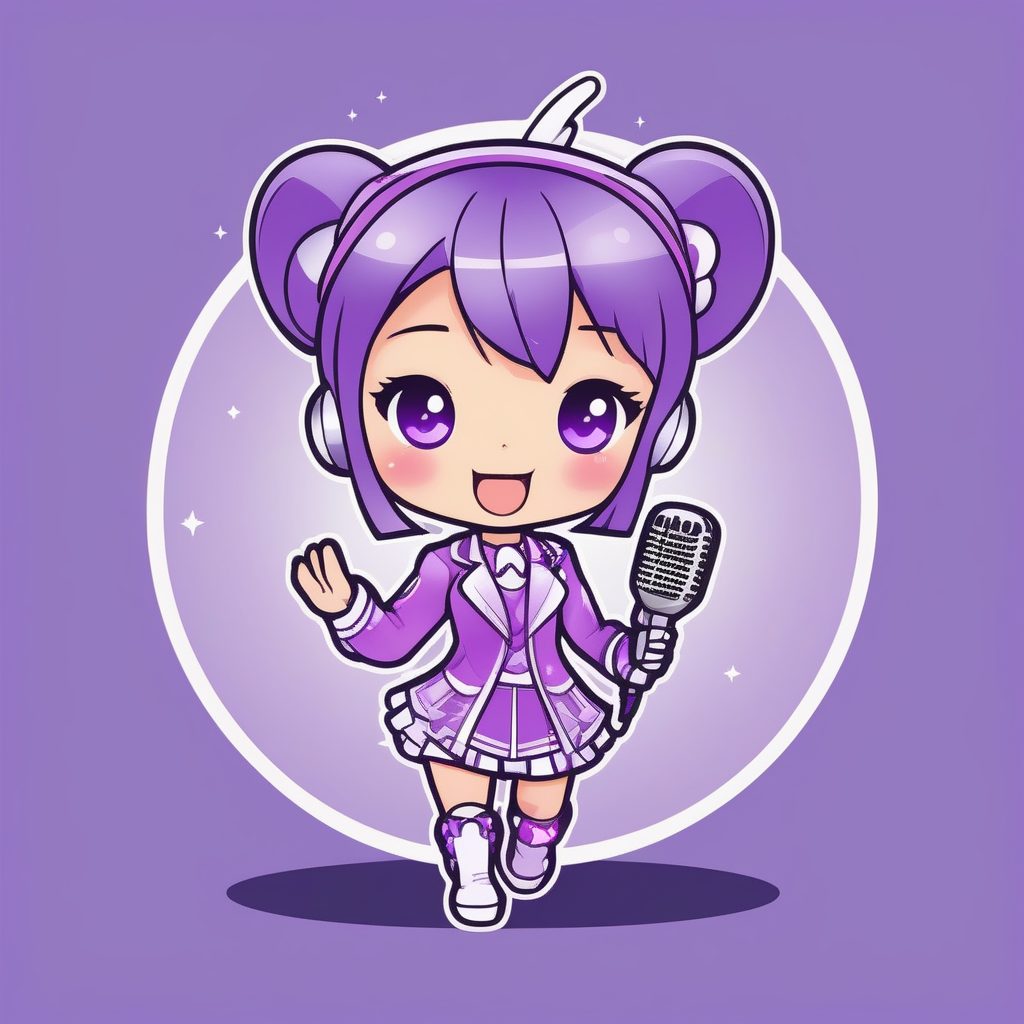 Q版偶像歌手女孩2D插画提示词：闪亮舞台装与高对比线条