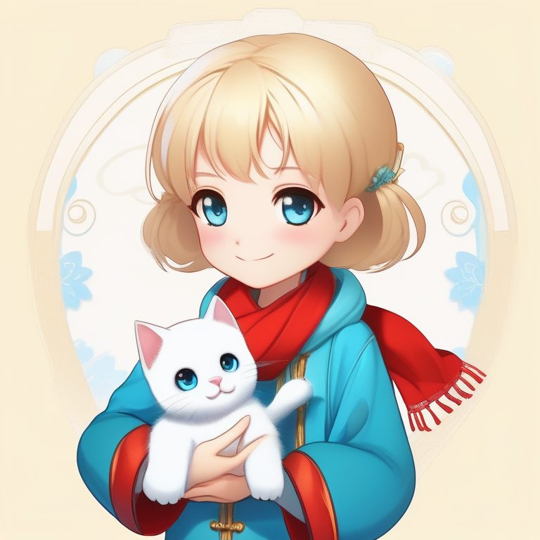 Q版全身萌系女孩-红色围巾抱猫