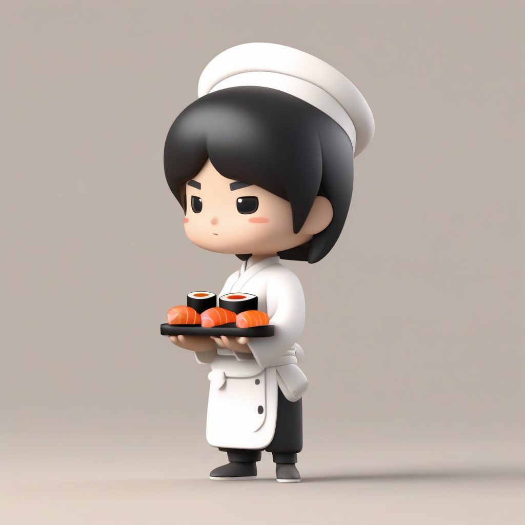 Q版日式寿司匠人：高光泽，纯米色背景的3D艺术图