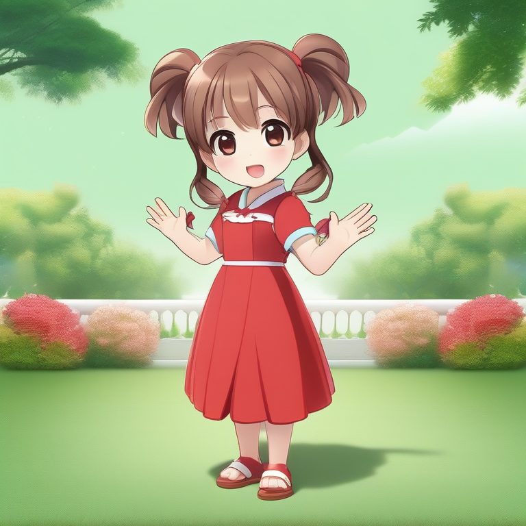 Q版少女挥手微笑·红裙草地写意