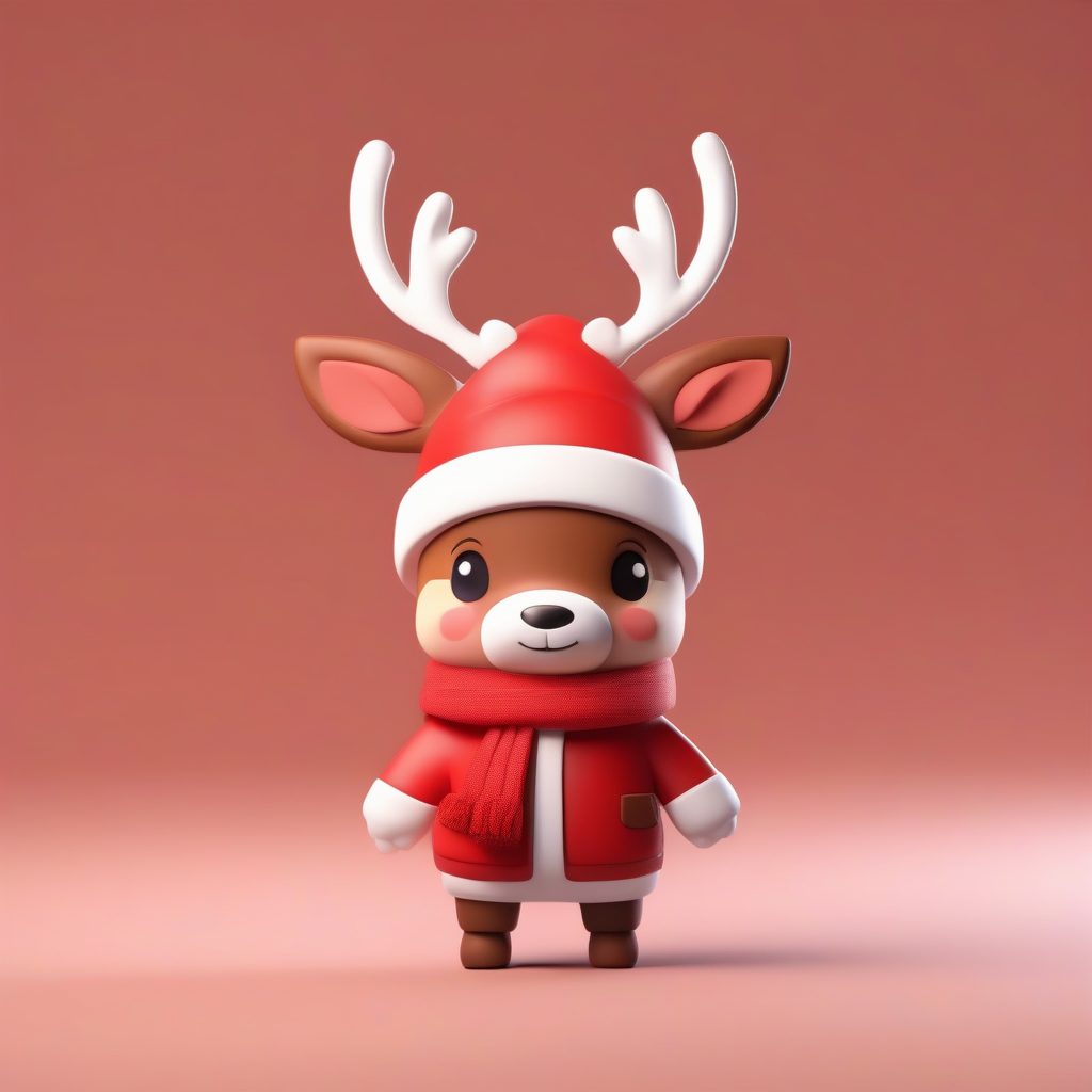 Q版圣诞老鹿：戴着红围巾的可爱全身像AI提示词