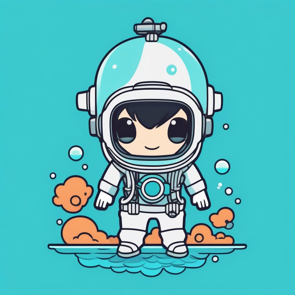 Q版水下潜水员：和平手势，水绿色纯色背景