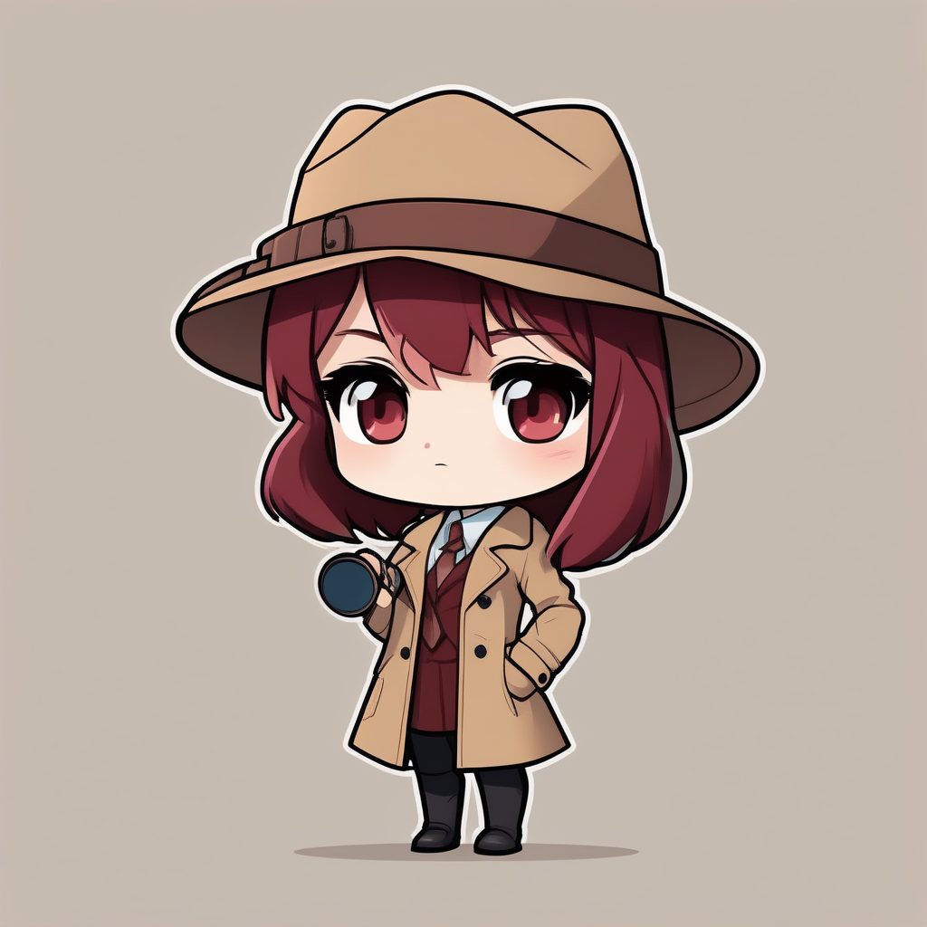 Q版小侦探：手持放大镜，可疑表情与枣红色背景