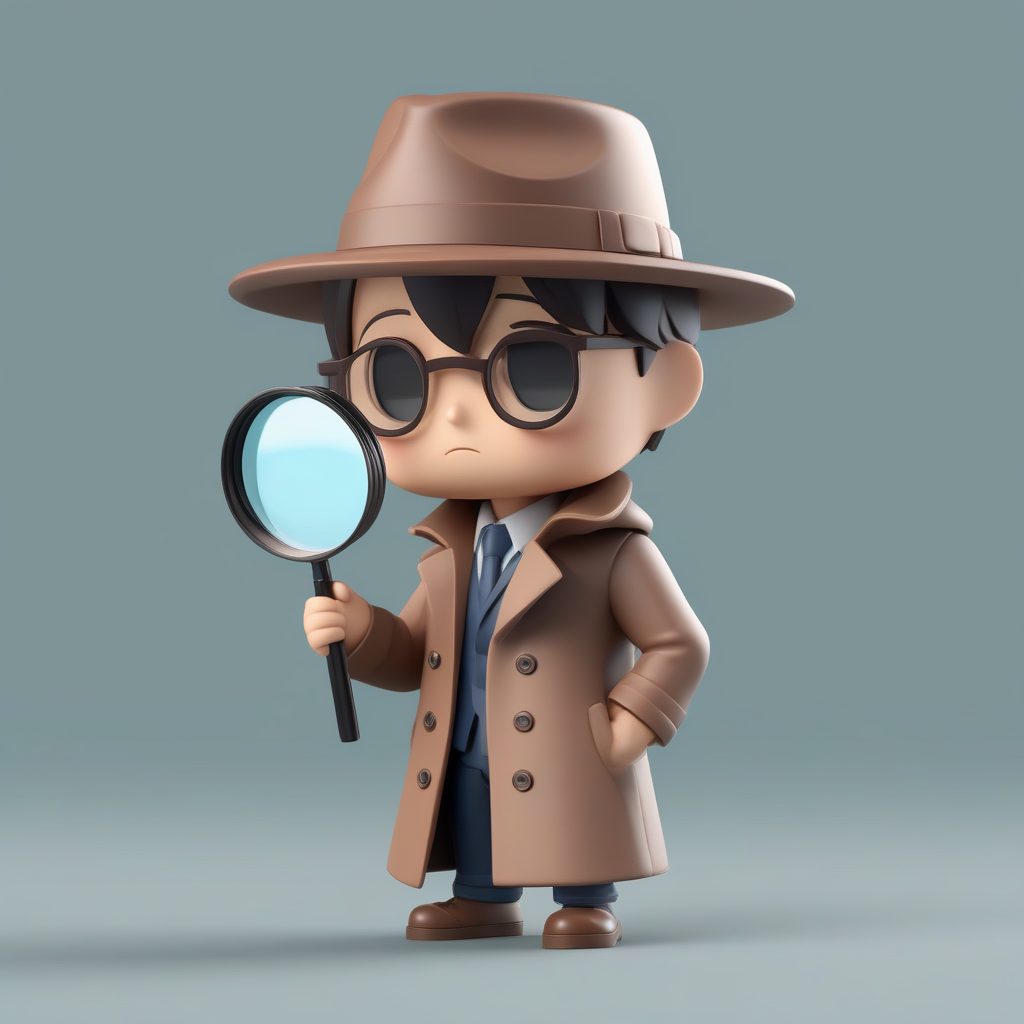 Q版侦探手办：拿着放大镜，纯深棕色背景的秘密特写