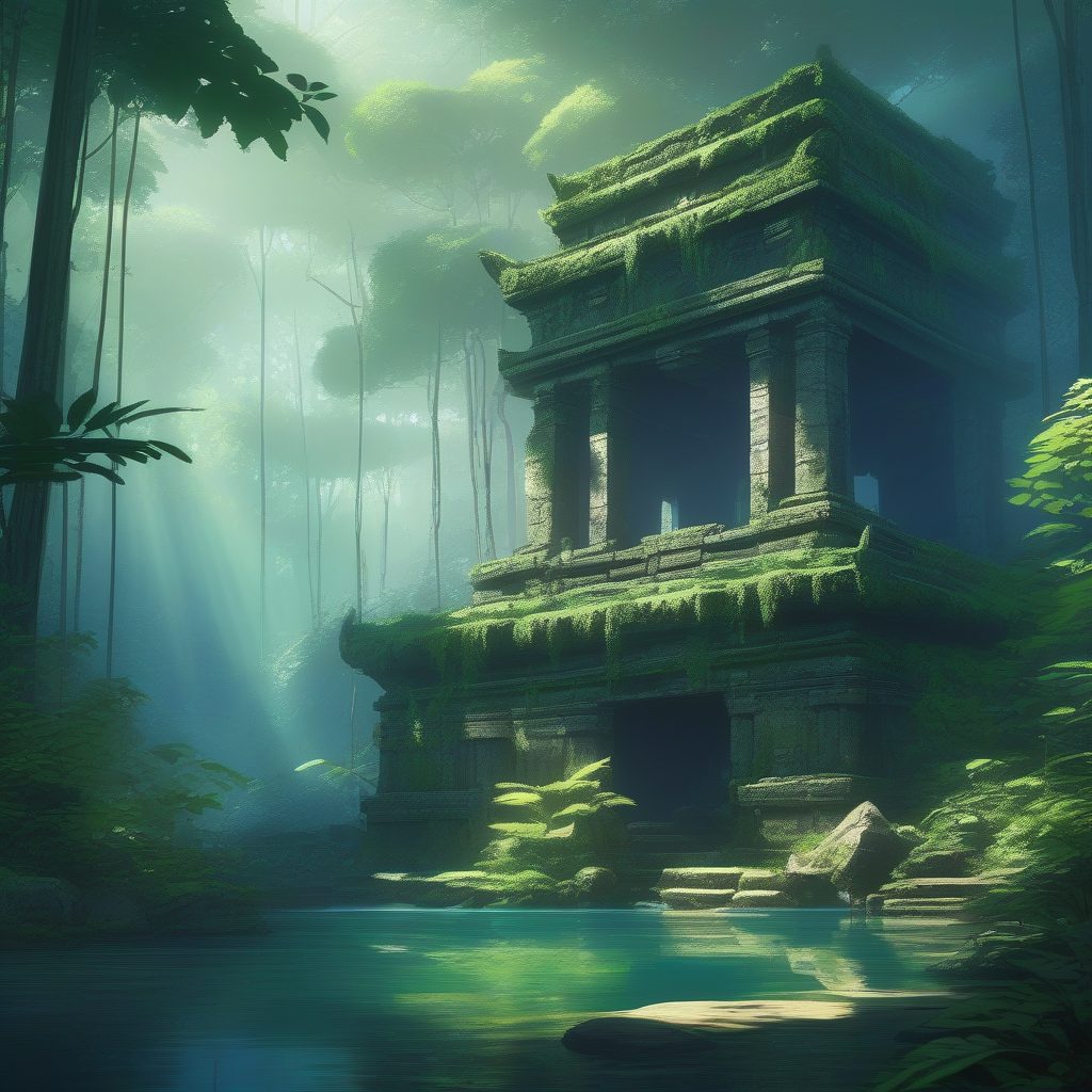 奇幻环境艺术：新海诚光影下的吉卜力风古老遗迹与清澈湖泊