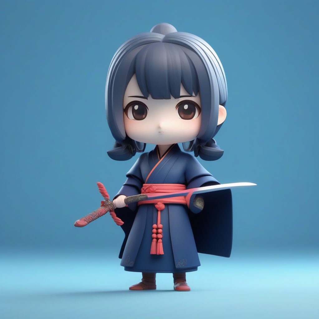 奇幻武侠Q版汉服：午夜蓝战袍，手持宝剑的3D盲盒粘土人物