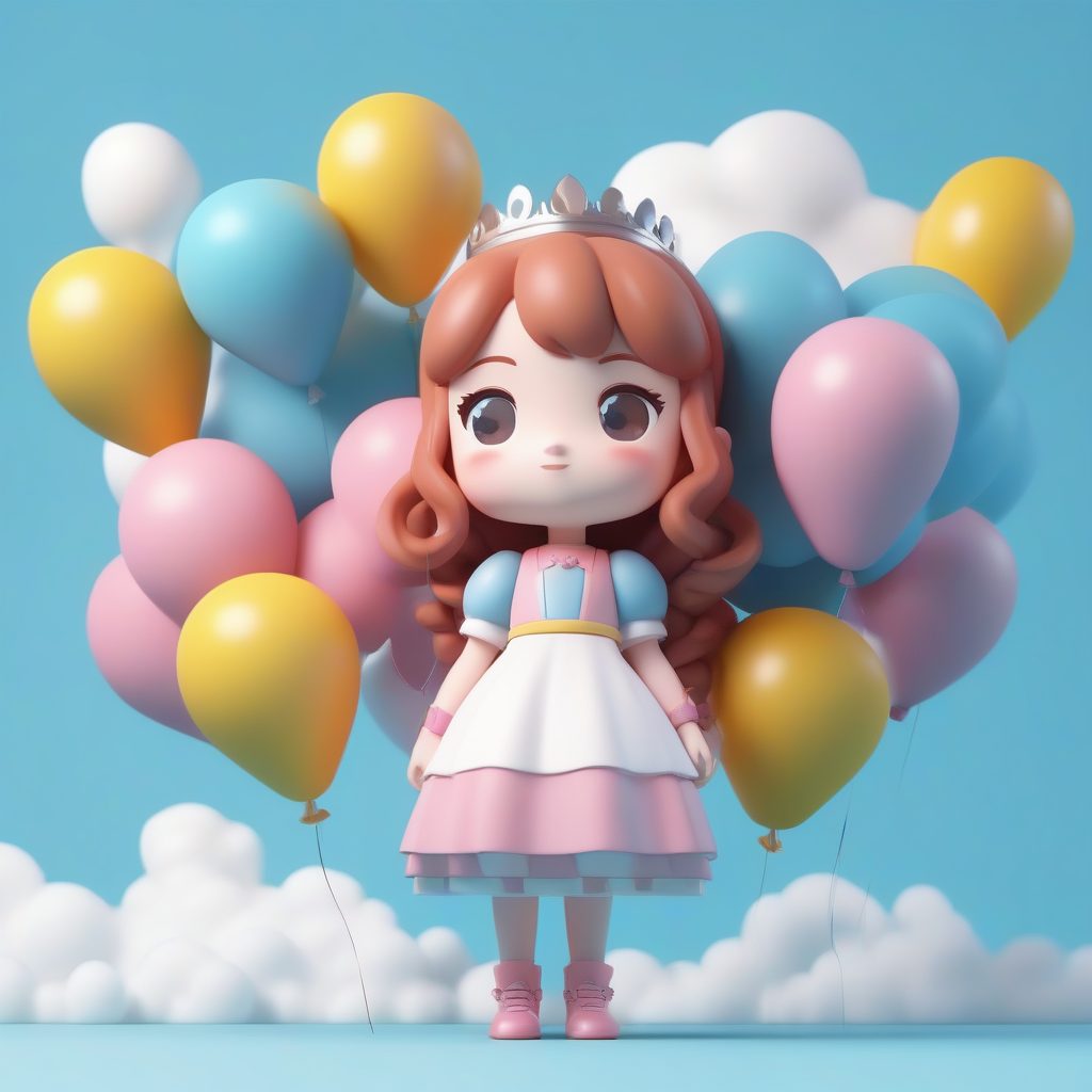 气球旅行家：抱着气球束的Q版乐观公主渲染