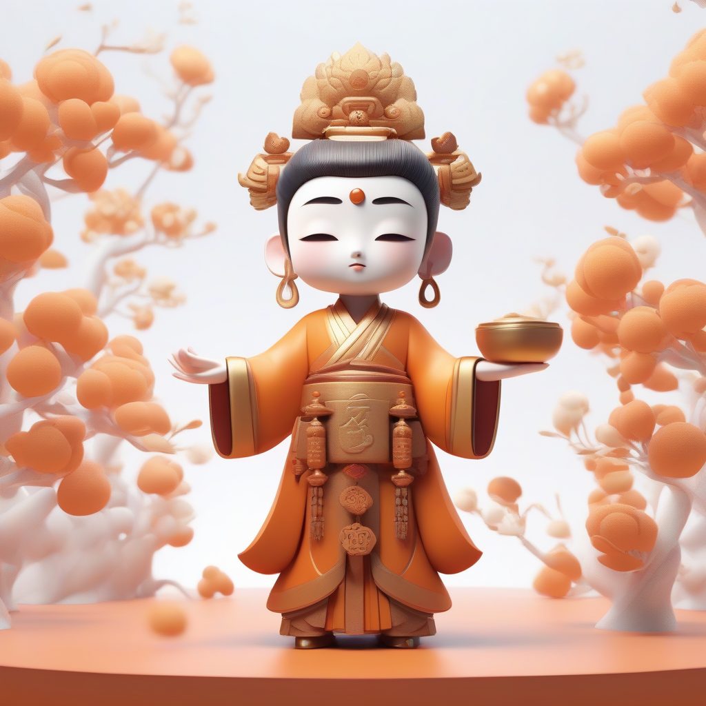 千手观音Q版：多臂造型与柔和光影的3D粘土手办全身提示词