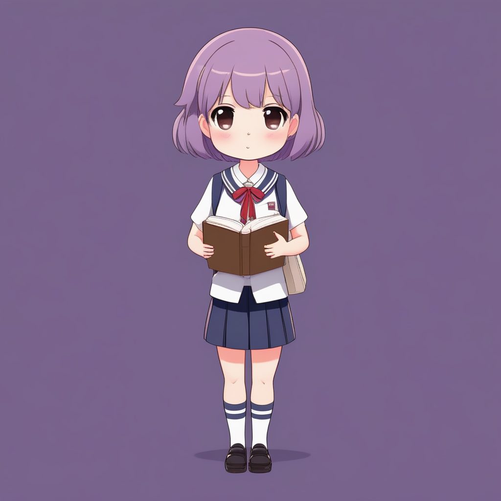 清纯学院风Q版少女插画：2D紫发制服全身立绘AI生成