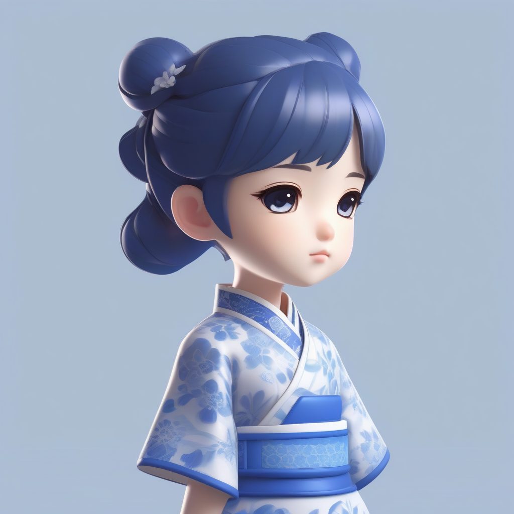青花瓷Q版旗袍少女：优雅别致与纯净蓝宝石背景
