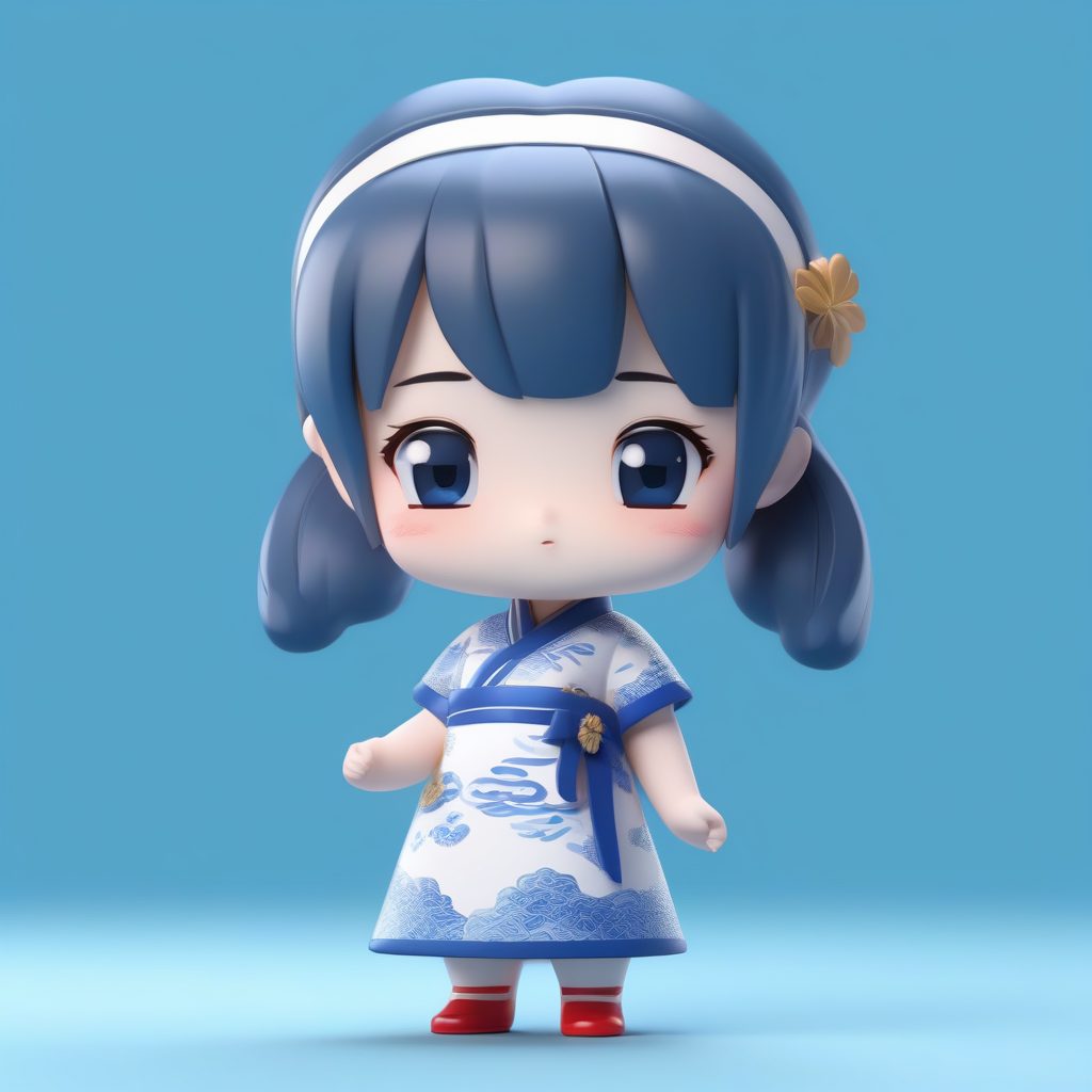 青花瓷旗袍萝莉：C4D高光Q版角色卡牌，可爱眨眼动态渲染