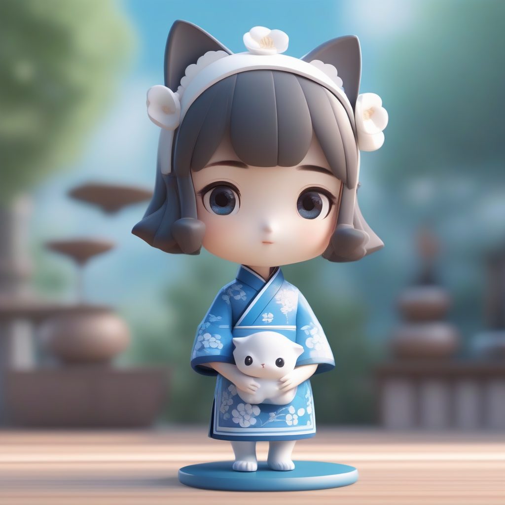 青花瓷旗袍萝莉：怀抱小猫的粘土Q版手办全身图