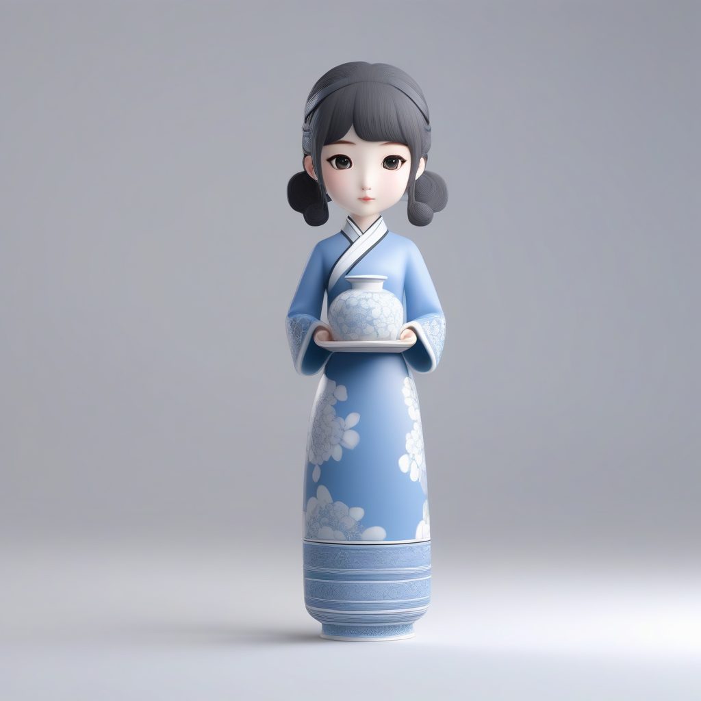 青花瓷旗袍Q版：手捧花瓶的娴静少女3D图