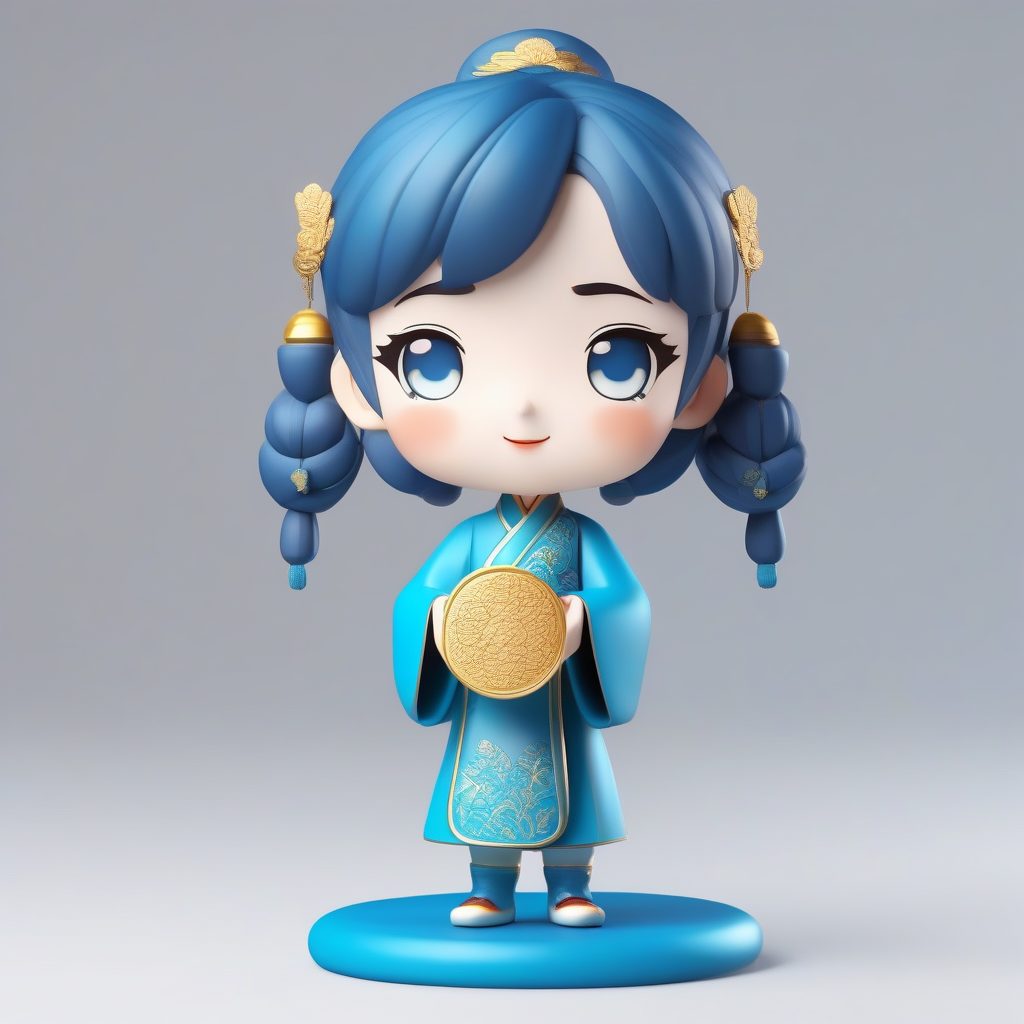 青花瓷纹路旗袍Q版财神少女：捧着元宝的欢乐站立照，亮白背景