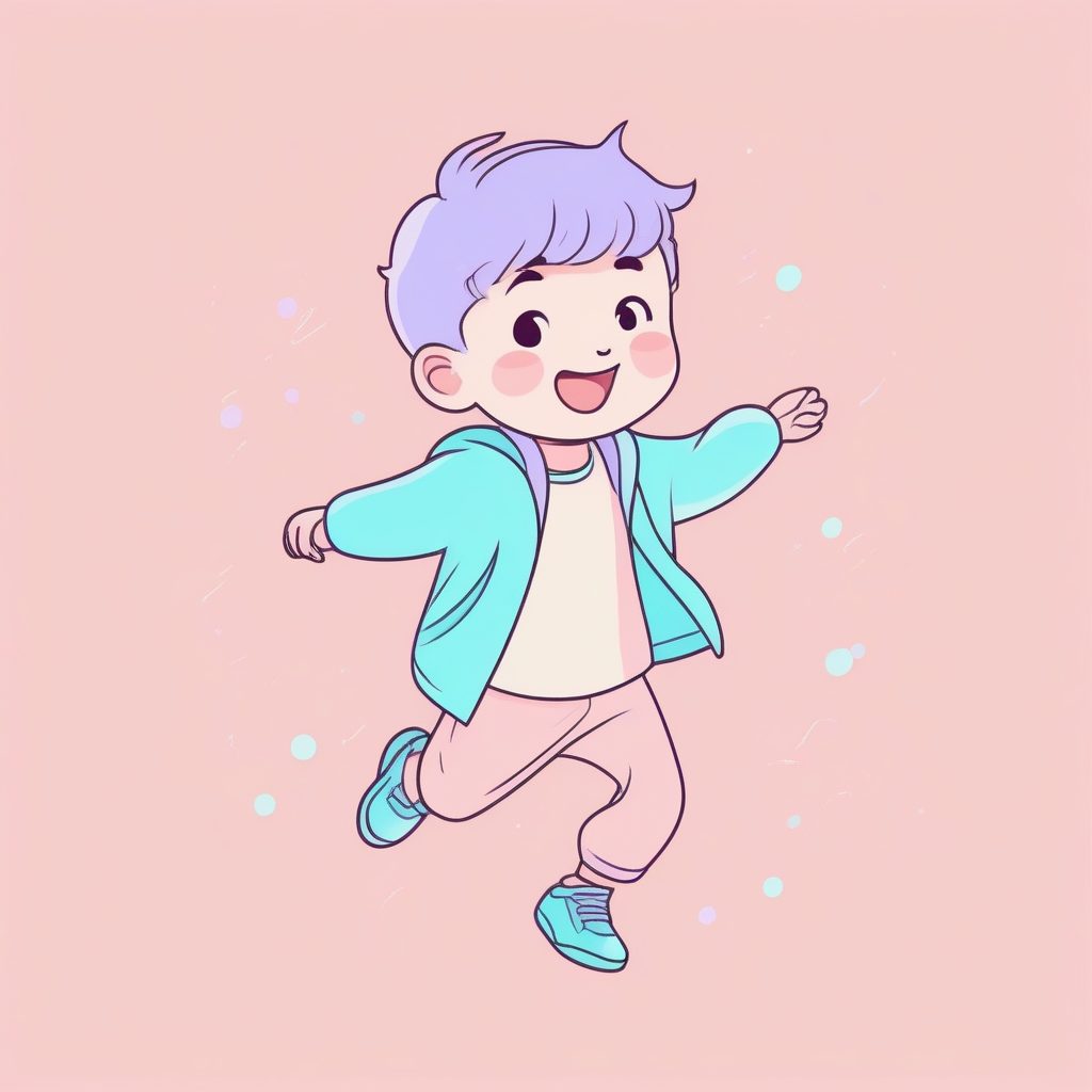 轻快活泼：蹦蹦跳跳的Q版男孩，婴儿蓝与薄荷绿涂鸦AI提示词