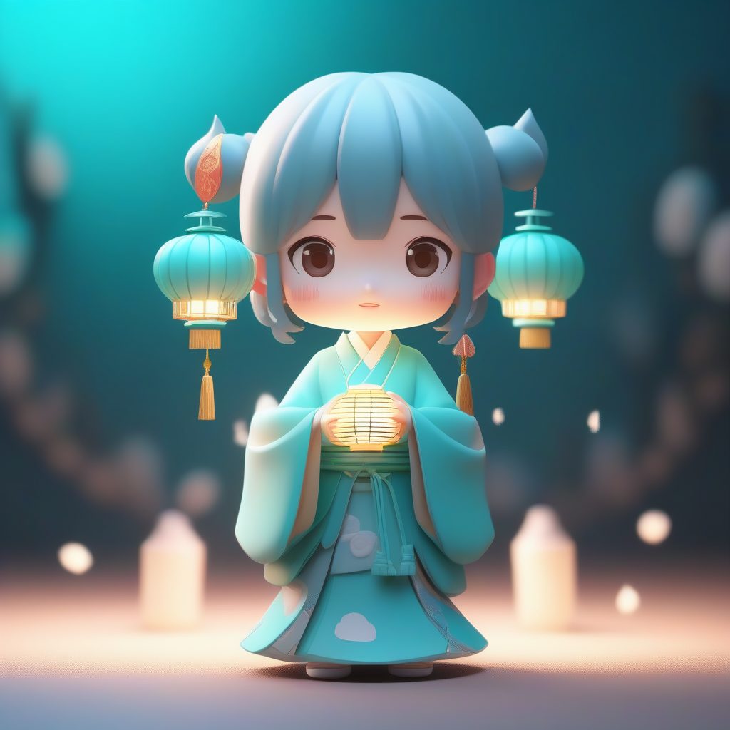 青绿色褙子Q版汉服：Octane渲染3D粘土手办，柔和色彩纯奶油色背景