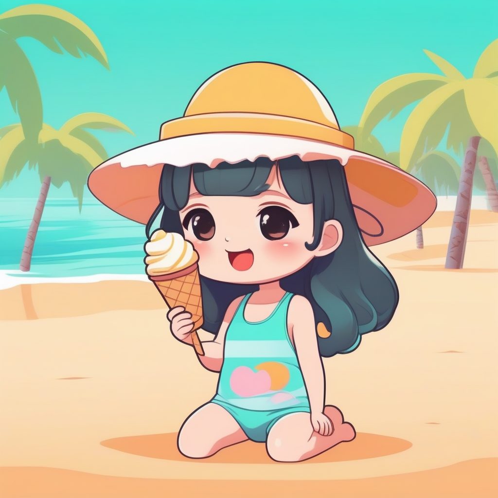 清新2D Q版夏日海滩女孩插画：冰淇淋与太阳帽