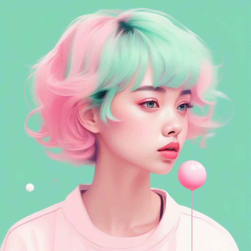 清新薄荷绿背景：吹泡泡糖的粉色系极简少女