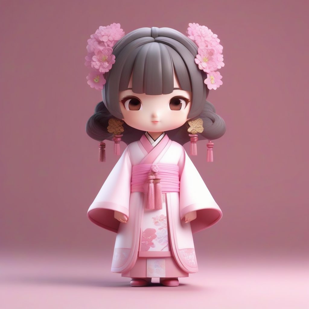 清新粉嫩：明制汉服Q版少女3D渲染全身盲盒提示词