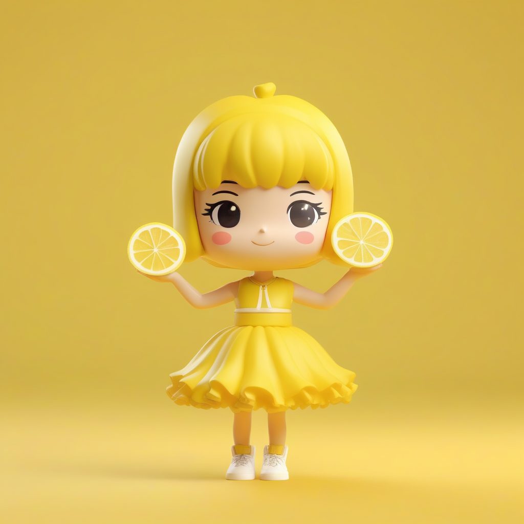 清新柠檬片Q版女孩：C4D高抛光全身渲染，亮黄色极简背景