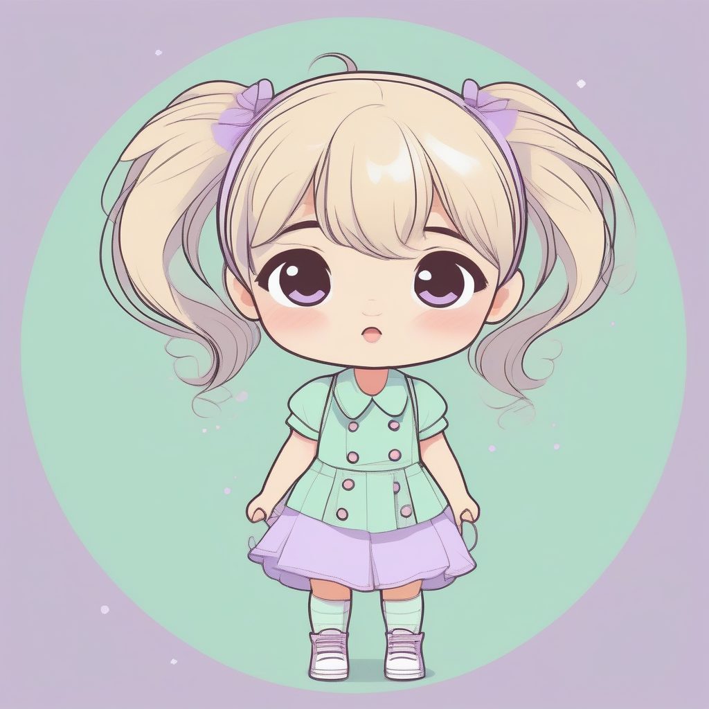 清新手绘感：绿薄荷色调的Q版女孩侧身探头