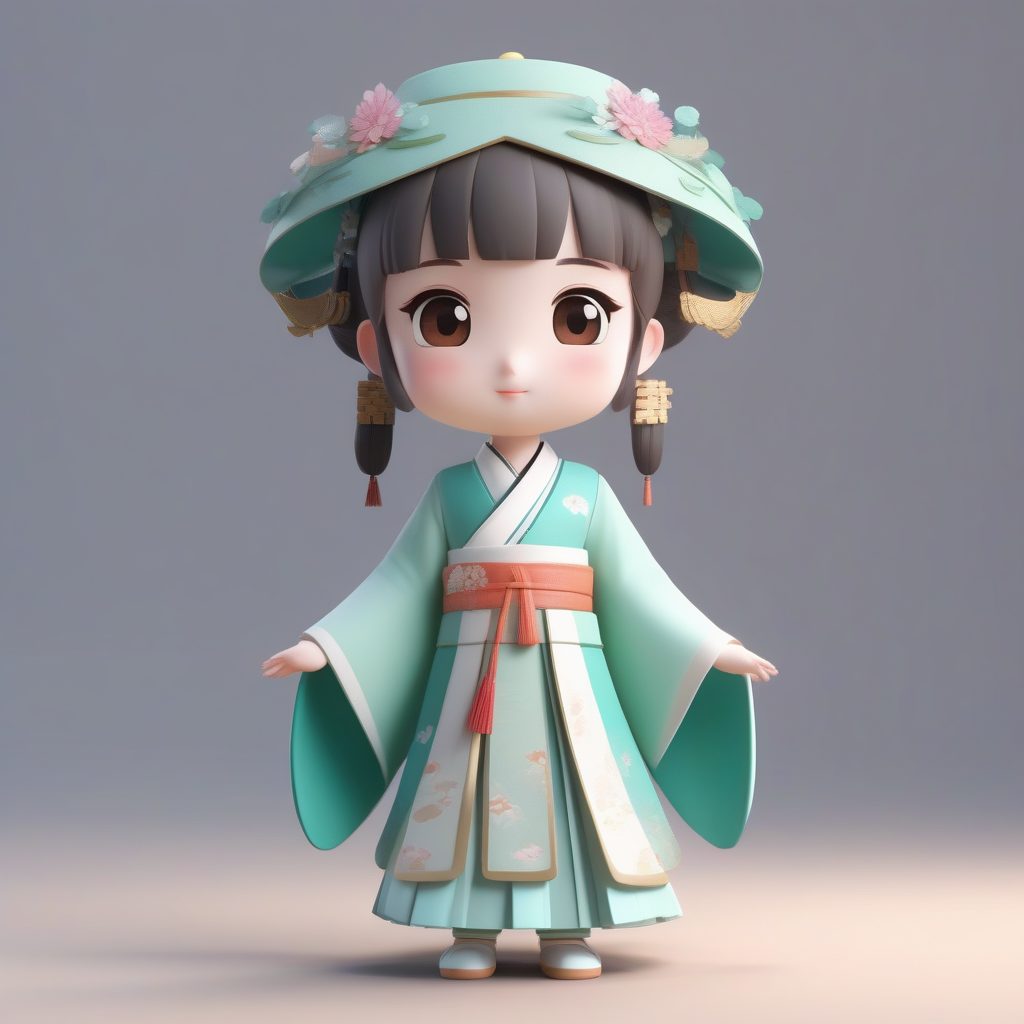 清新宋制褙子：极简Q版汉服小女孩3D全身渲染图