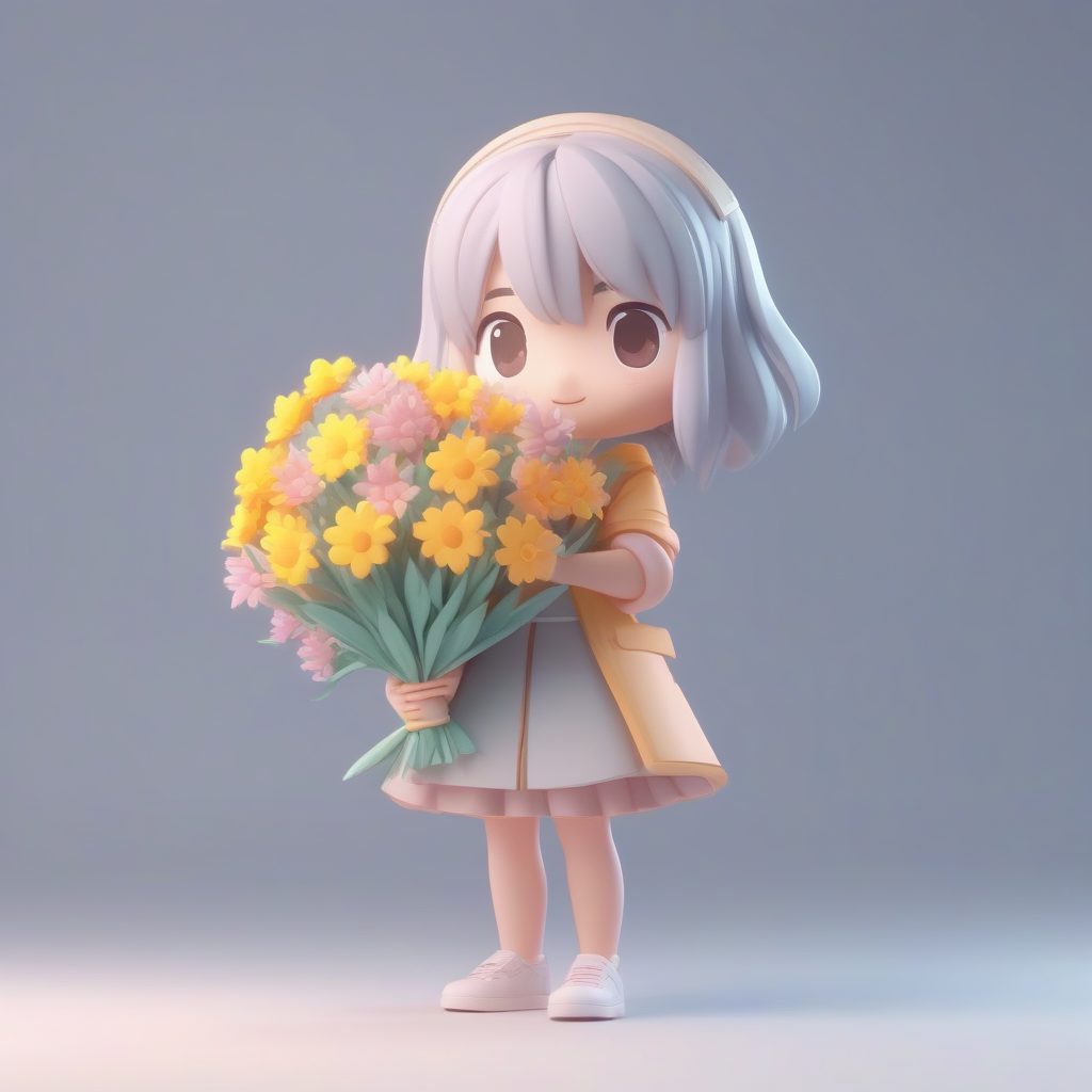 清新文艺：抱花束Q版少女 C4D粘土风格全身图