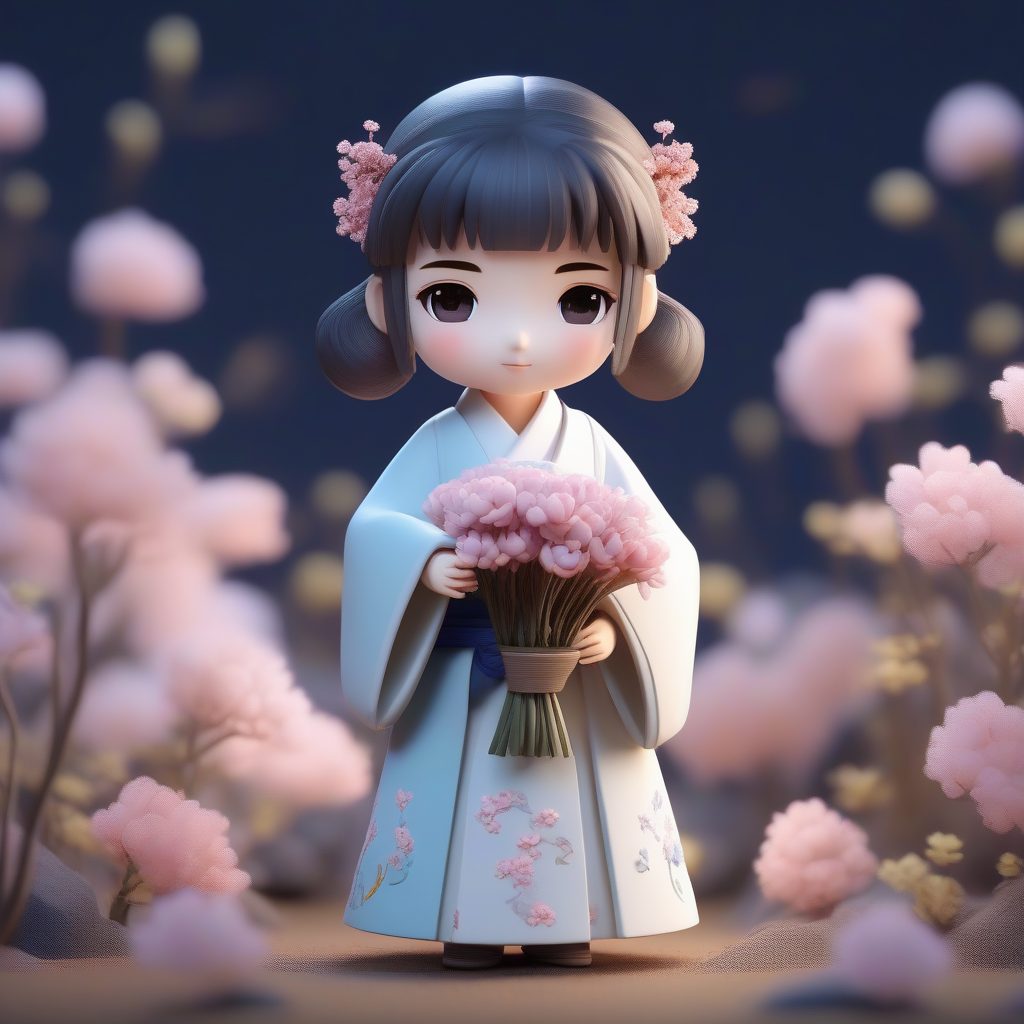 清新月白色襦裙：3D粘土Q版汉服少女，甜美表情