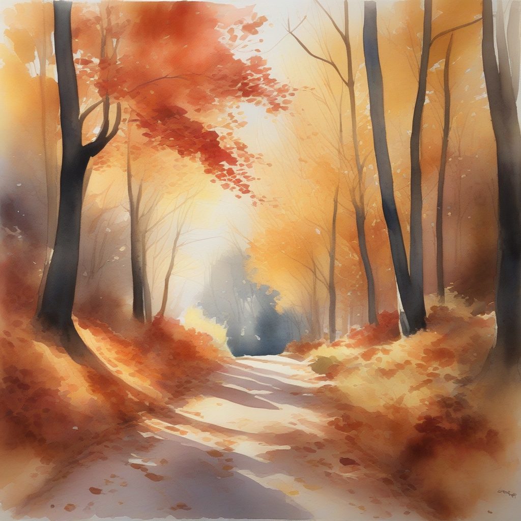 秋日落叶小径：鲜艳色调的大气水彩风景画