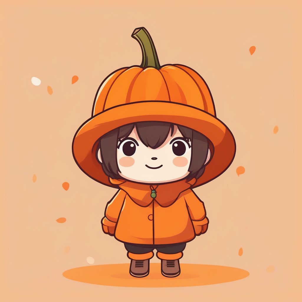 秋日南瓜Q版角色：挥手问好，深橙色纯色背景