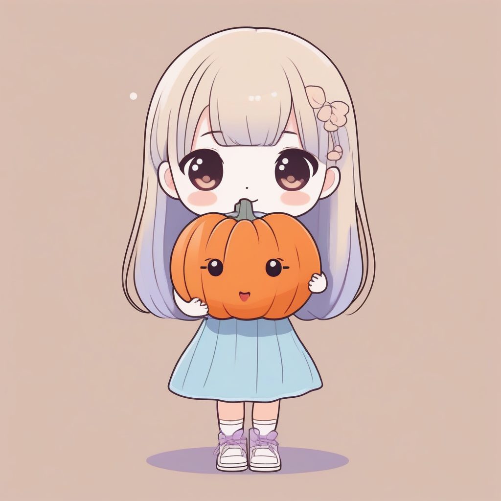 秋日南瓜：手捧小南瓜的Q版少女，温暖粉彩提示词