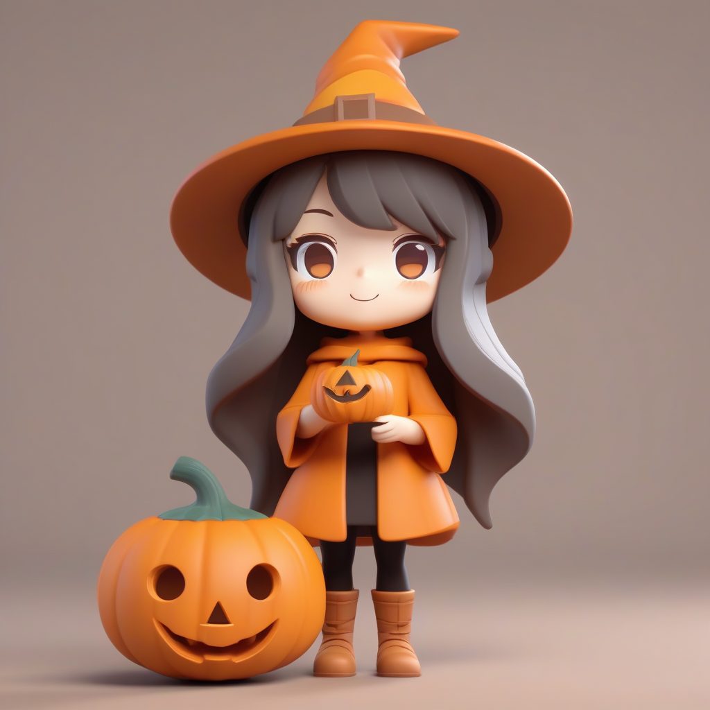 秋日南瓜香料Q版女巫：粘土质感3D渲染，温暖纯灰色背景