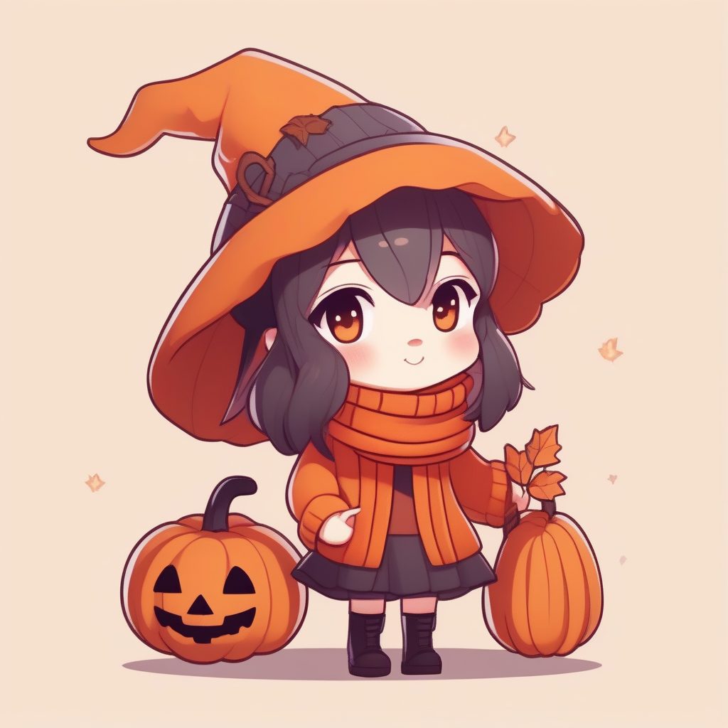 秋日主题小魔女：治愈系Q版全身像与南瓜灯