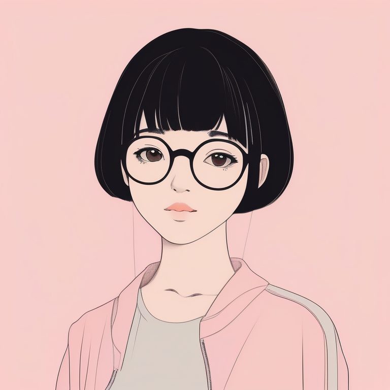 日本二次元极简风格女孩肖像:戴眼镜的短发少女