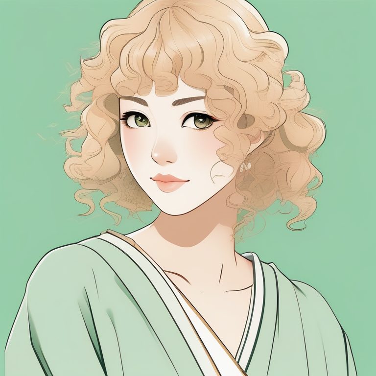 日本二次元极简风格女孩肖像:金发卷发少女