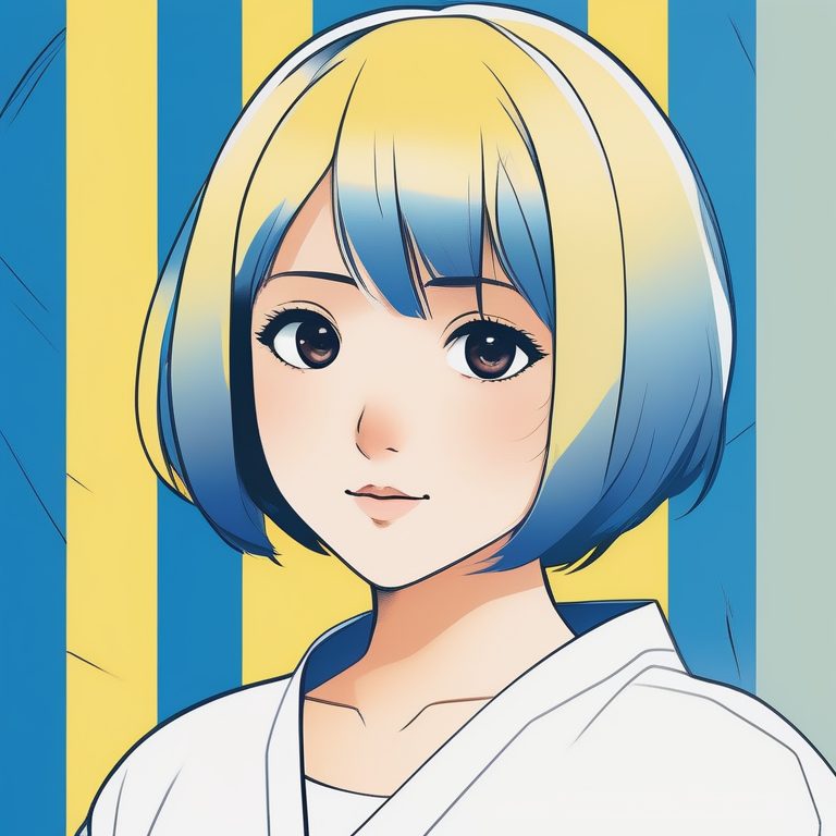 日本二次元极简风格女孩肖像:蓝色短发少女