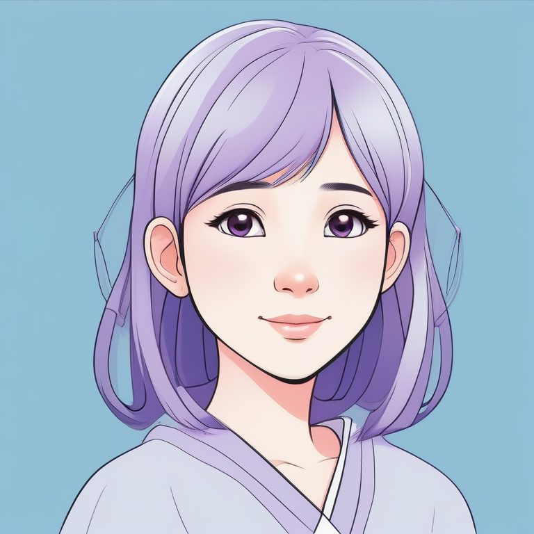 日本二次元极简风格女孩肖像:微笑的紫发少女