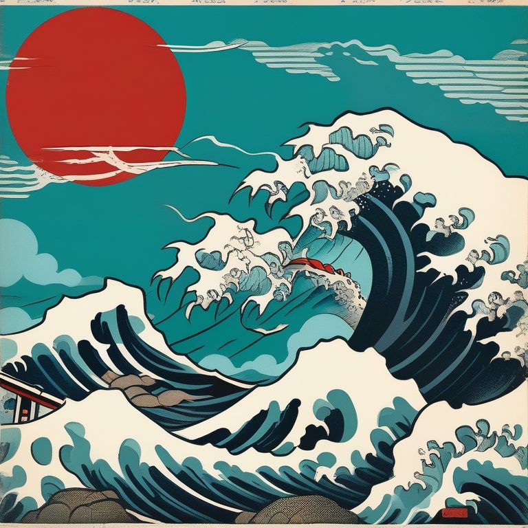 日本浮世绘风格海浪与鹤