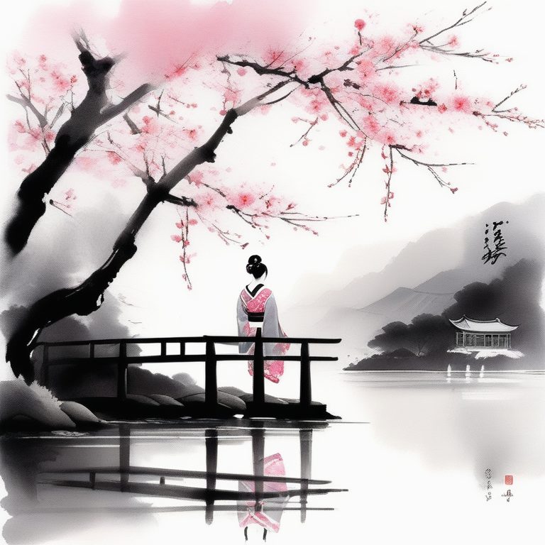 日本和风墨绘湖畔樱花与少女