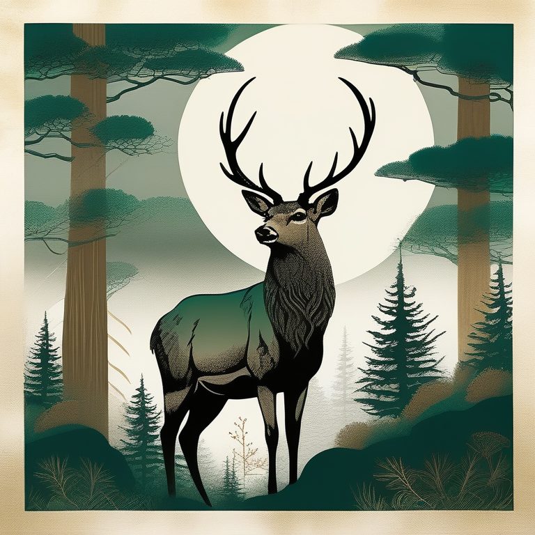 日本木版画风格的山林麋鹿