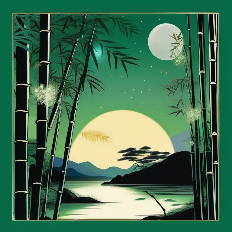日本木版画风格的夜色竹林与萤火虫