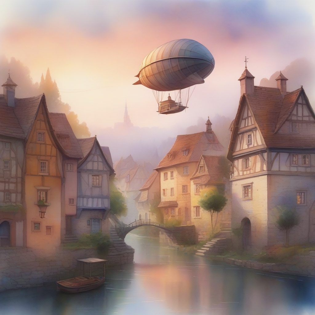 日出下的欧洲村庄：柔和色调的奇幻飞艇融合艺术
