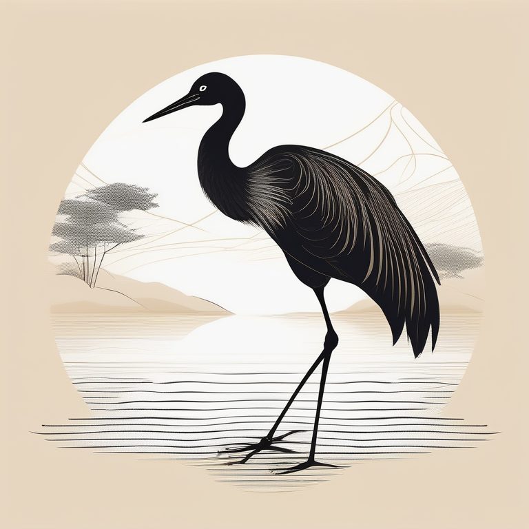 日韩极简手绘风格 一只黑色鹤 线描插画