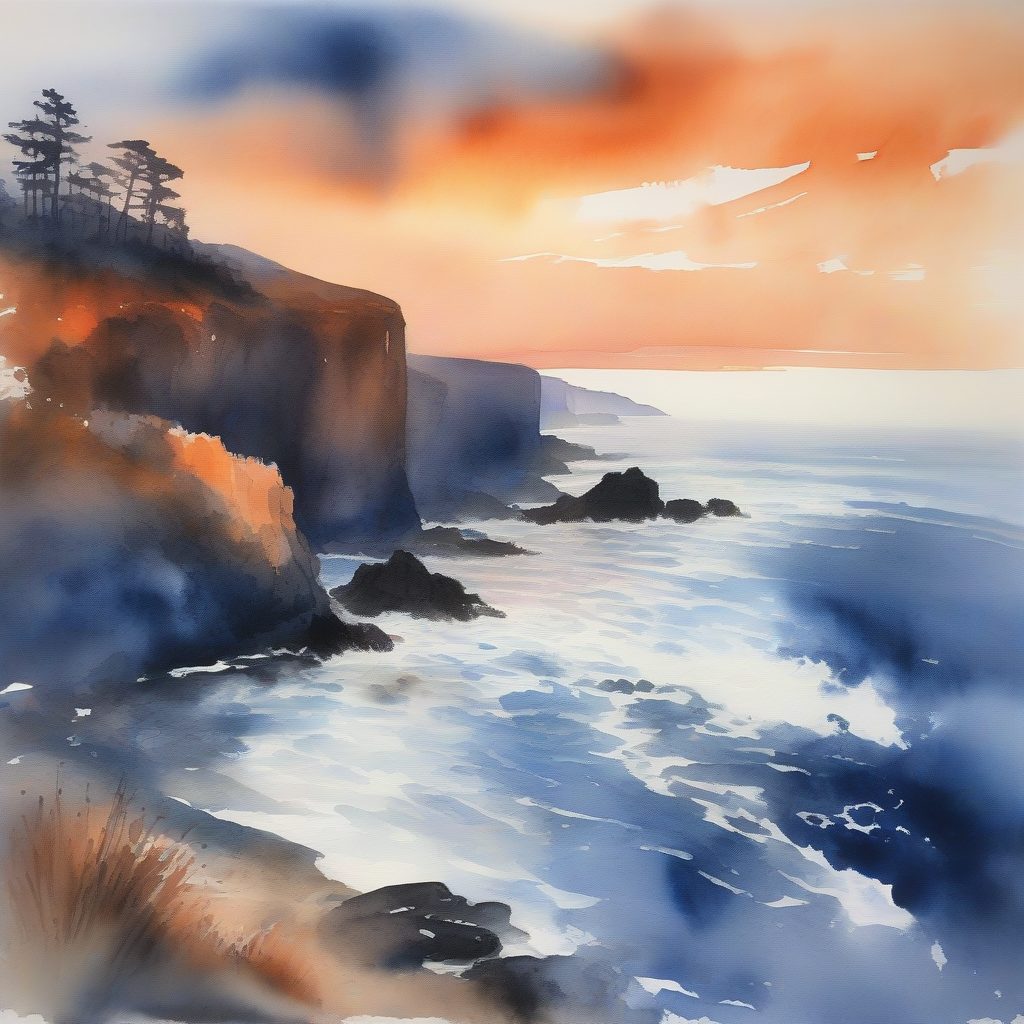 日落海岸印象：水彩重度水洗的动态海景提示词