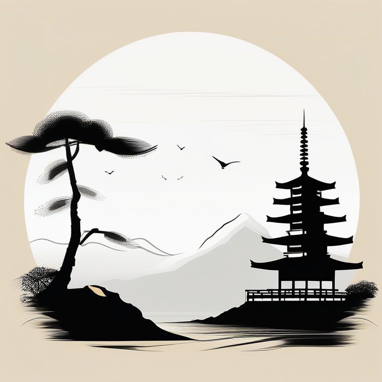 日式禅意水墨风建筑矢量简约插画