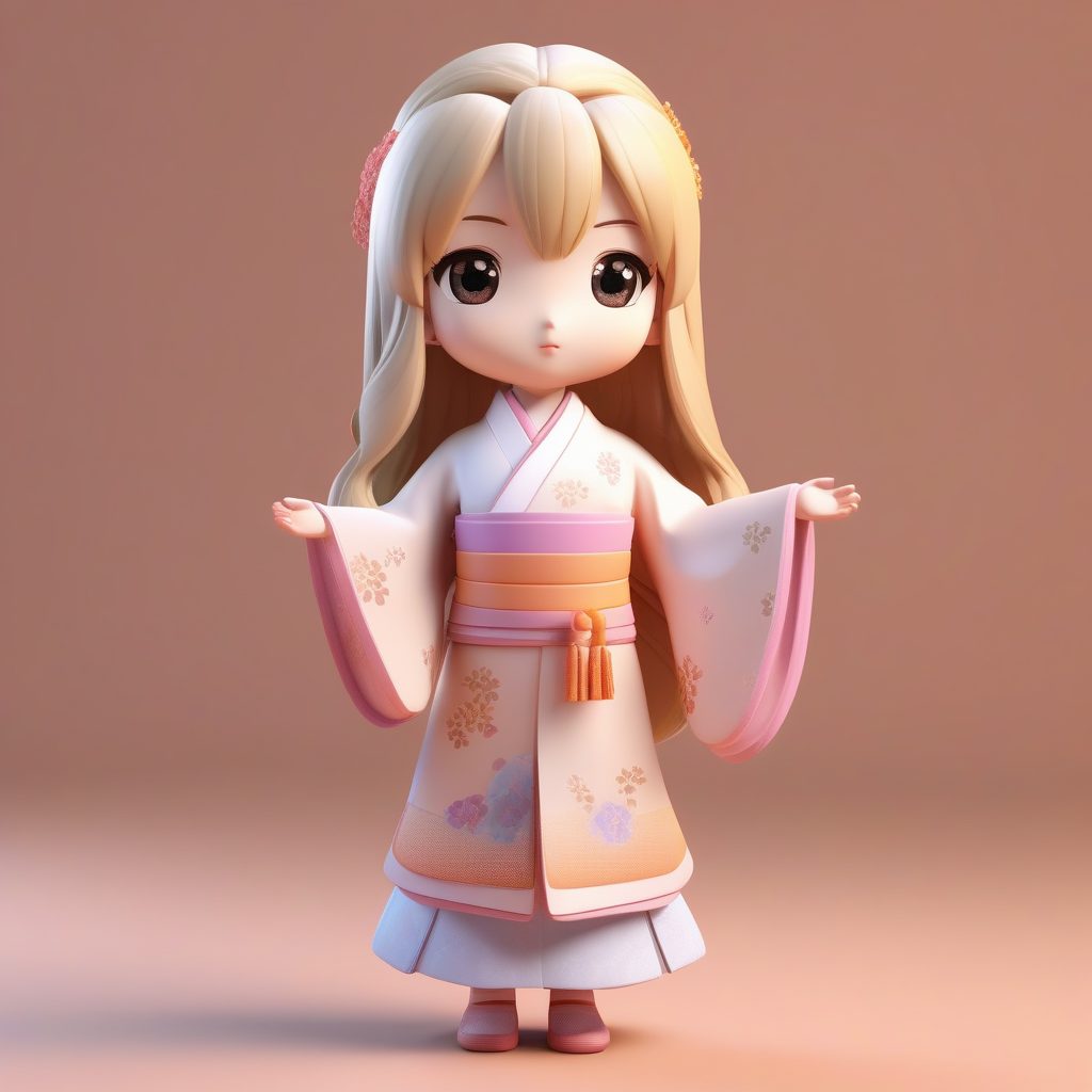 日式和服Q版少女3D模型：金发优雅全身像盲盒风AI提示