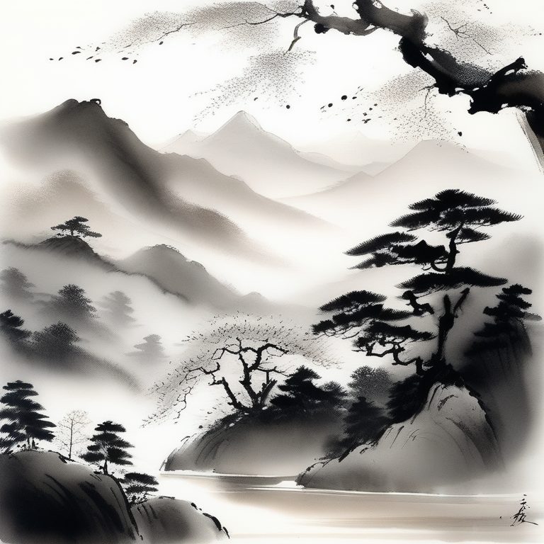 日式宁静山水水墨画