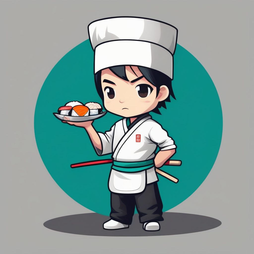 日式Q版寿司师傅：手持寿司，认真表情与深青色背景